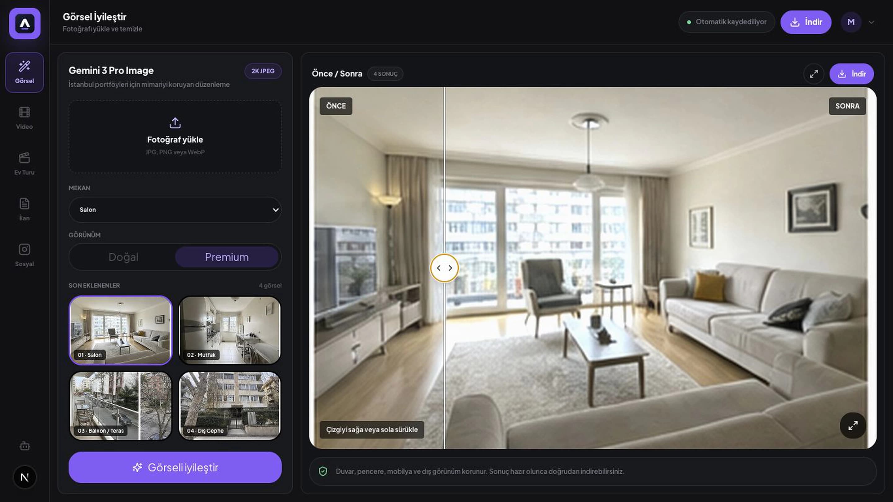 Estafy AI Studio gerçek before after fotoğraf iyileştirme ekranı