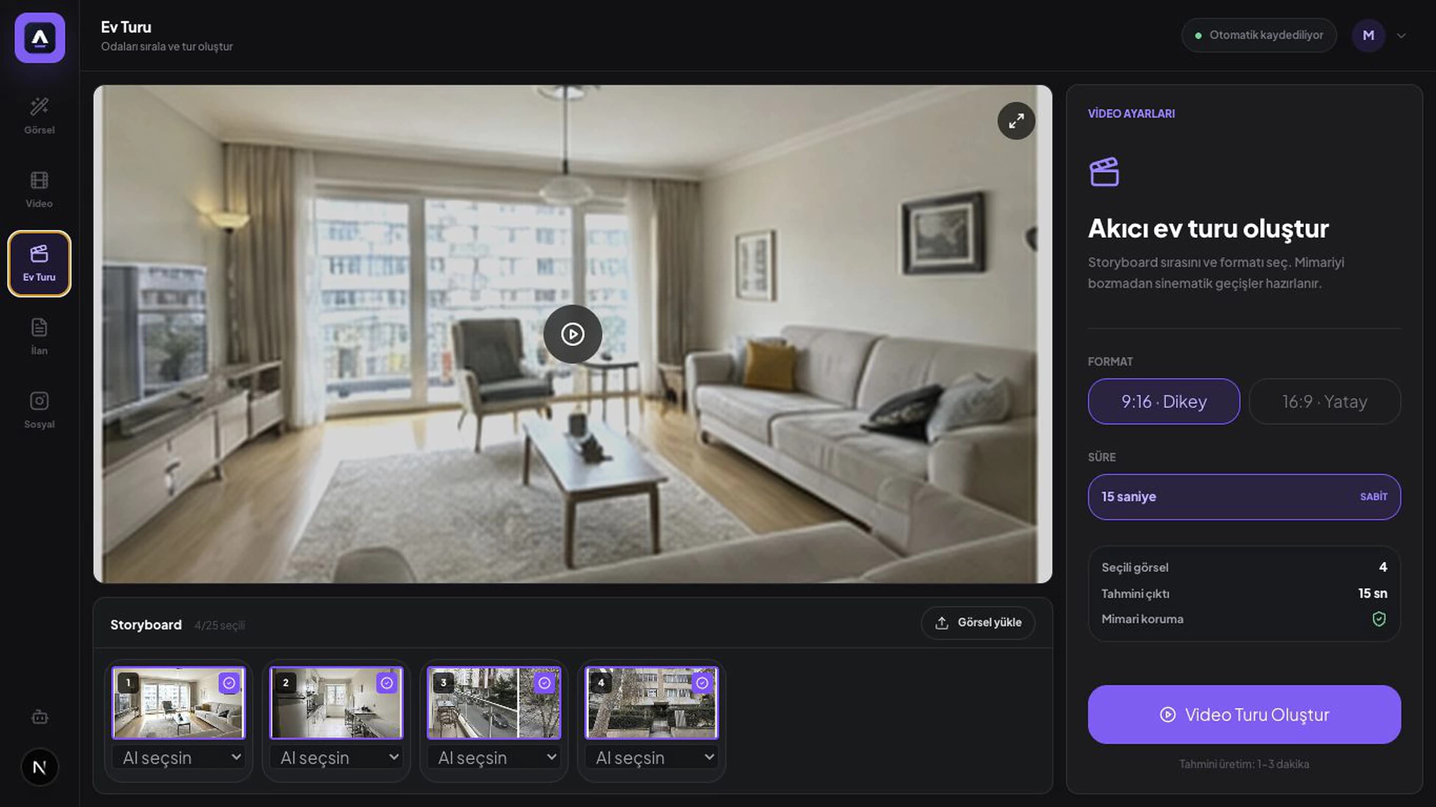 Estafy AI Studio gerçek ev turu üretim ekranı