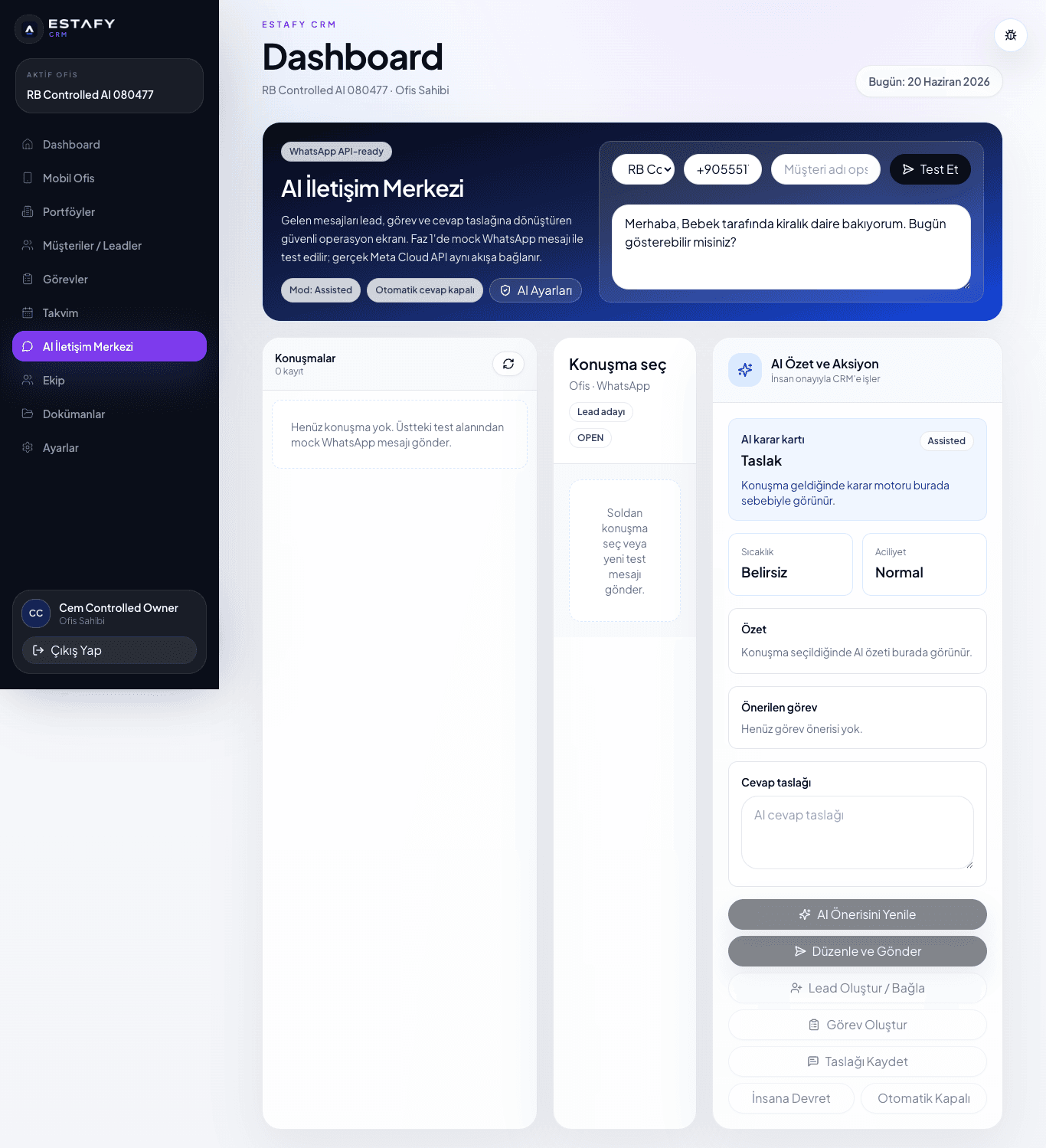 Estafy CRM AI İletişim Merkezi ekranı