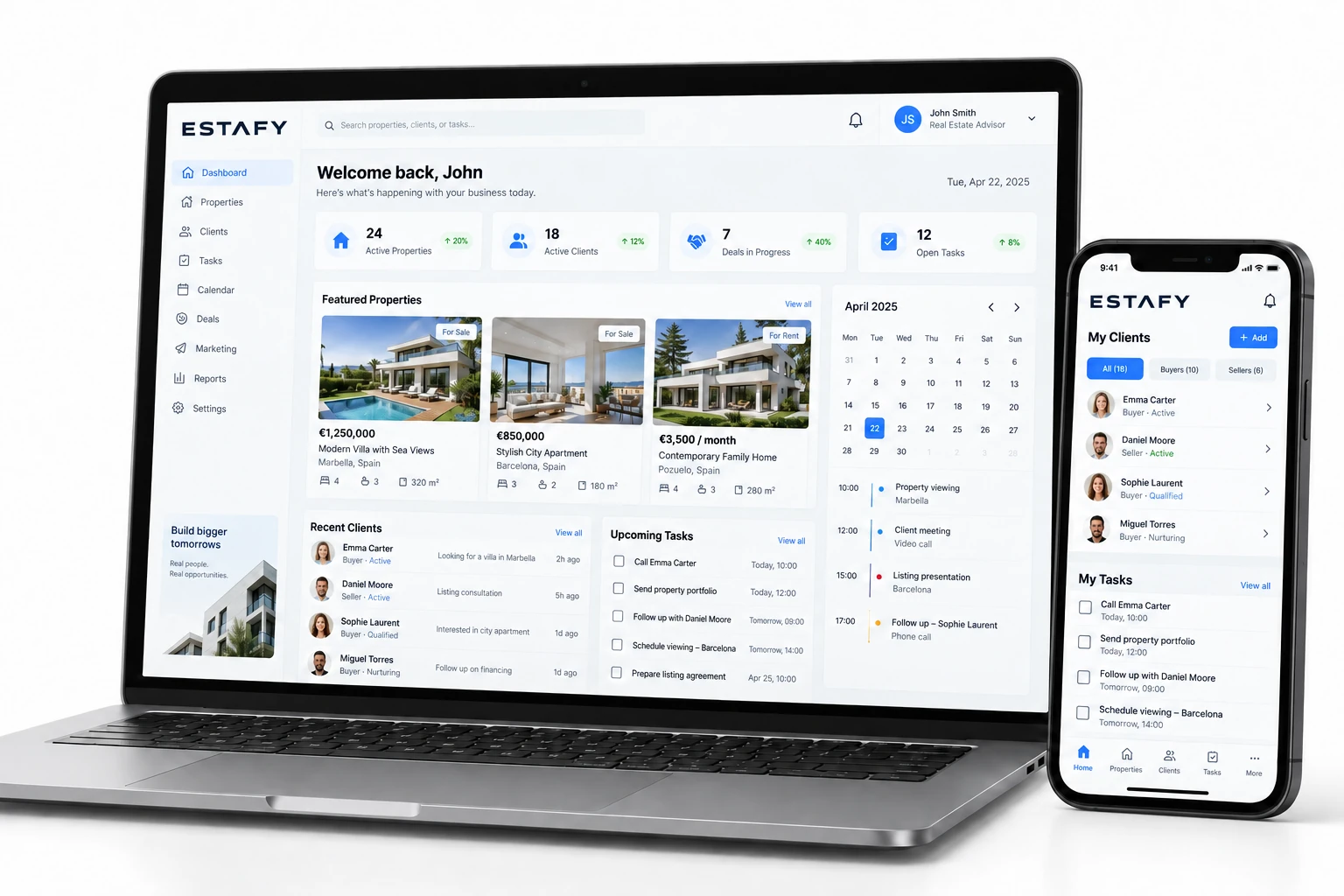 Core: ESTAFY markalı CRM, portföy ve takvim; telefonda müşteri ve görev takibi
