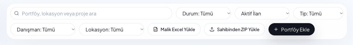 Canlı Estafy CRM portföy araması, filtreler ve ZIP aktarım araçları